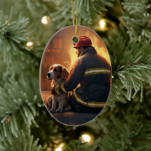 Décoration En Céramique Noël Beagle, Cadeau pour amateur de pompier canin