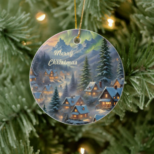 Décoration En Céramique Noël dans un village de montagne, lumières polaire