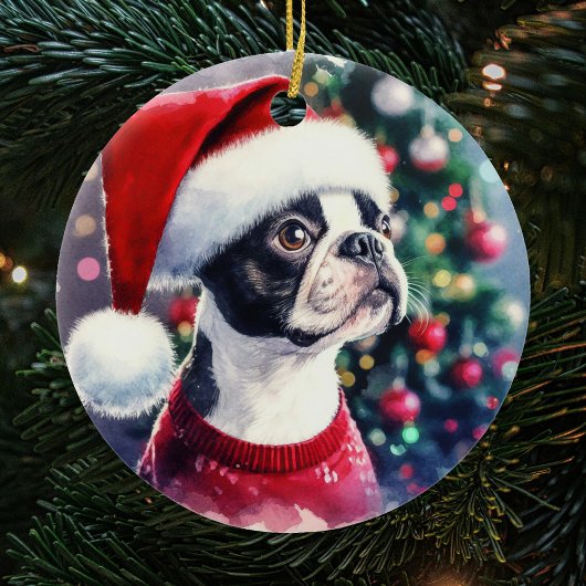 Décoration En Céramique Noël de l'Aquarelle Cute Boston Terrier