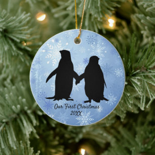 Décoration En Céramique Noël des couples de pingouins amoureux