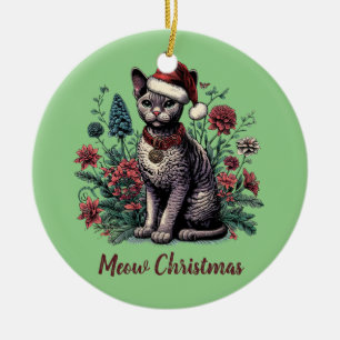 Décoration En Céramique Noël Devon Rex Chat : Chapeau et Fleurs de Noël