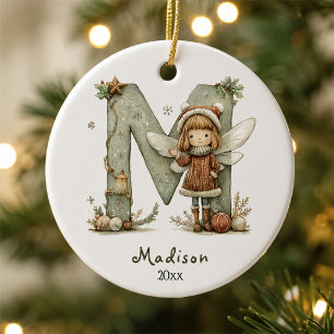 Décoration En Céramique Noël Fée Cosy Initial Personnalisé de Fêtes