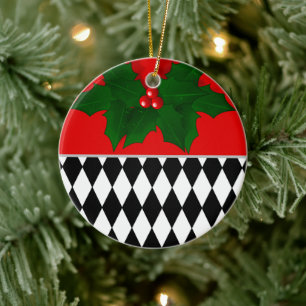 Décoration En Céramique Noël motif harlequin noir rouge blanc