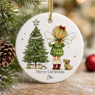 Décoration En Céramique Noël personnalisé avec une fée et un chiot mignons
