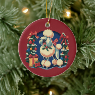 Décoration En Céramique Noël Rétro Poodle Vintage 1950's Fête Chien