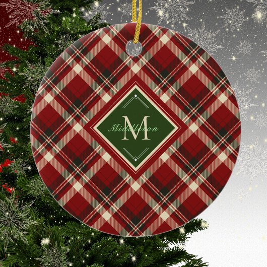 Décoration En Céramique Noël Russe Plaid Green Monogramme Nom Vacances