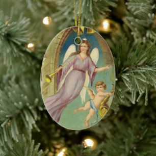 Décoration En Céramique Noël vintage, ange victorien avec chérubin