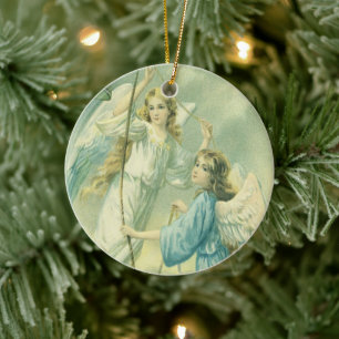 Décoration En Céramique Noël vintage, anges victoriens avec une cloche