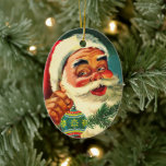 Décoration En Céramique Noël Vintage, Jolly Retro 50's Père Noël<br><div class="desc">Illustration vintage image de fête de Noël avec un closeup d'un Santa Claus rétro des années 50 souriant et tenant des ornements de Noël en boule de verre avec un design rétro traditionnel.</div>