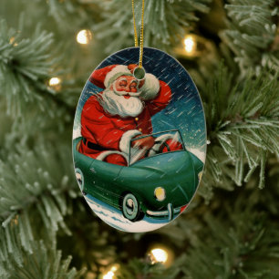 Décoration En Céramique Noël vintage, le Père Noël dans une voiture mignon