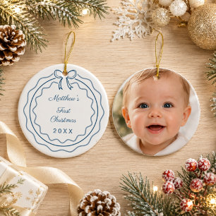 Décoration En Céramique Noeud papillon pour la première Noël de bébé bleu