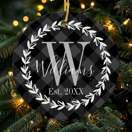 Décoration En Céramique Noir Buffalo Plaid Monogramme Wreath Noël