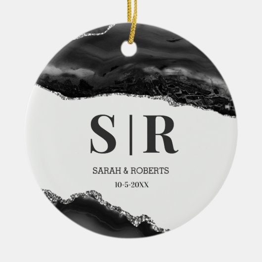 Décoration En Céramique Noir Géode Agate Couples Monogramme Noël (Devant)