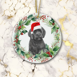 Décoration En Céramique Noir Labradoodé Chiot Holly Wreath Noël
