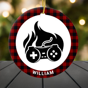Décoration En Céramique Nom de garçon gamer à carreaux rouges Noël personn