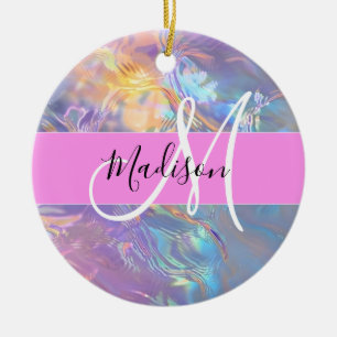 Décoration En Céramique Nom de monogramme holographique iridescent rose fé