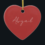 Décoration En Céramique Nom de script personnalisé rouge et blanc<br><div class="desc">Nom du script Simple Heart Ornament. Année sur le dos. Rouge et blanc.</div>