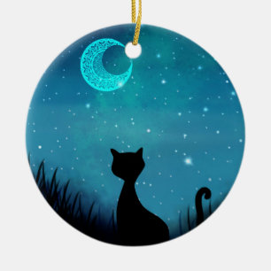 Décoration En Céramique Nom illustration de chat noir nuit étoilée