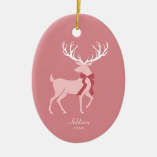 Décoration En Céramique Nom personnalisé Élégant renne rose Noël