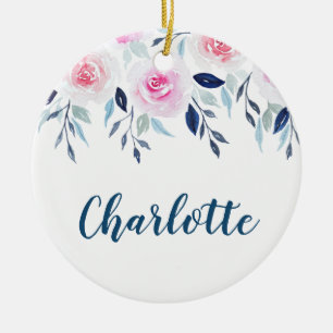 Décoration En Céramique Nom personnalisé par aquarelle rose florale de
