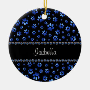 Décoration En Céramique Nom personnalisé, pattes de chien en paillettes bl
