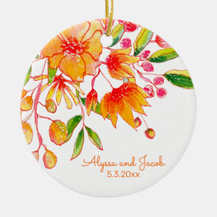 Décoration En Céramique Noms de couple de date florale aquarelle jaune ora
