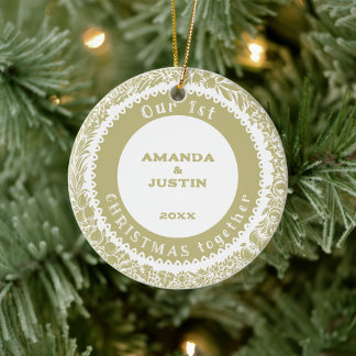 Décoration En Céramique Notre 1er Noël ensemble Gold Wreath sur blanc -