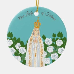 Décoration En Céramique Notre-Dame de Fatima et roses blanches
