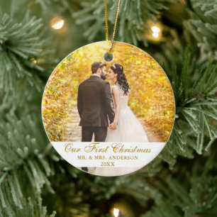 Décoration En Céramique Notre premier Mariage de Noël - Script d'or photo