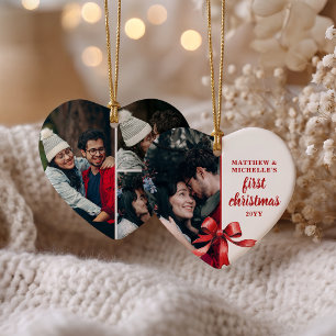 Décoration En Céramique Notre premier Noël 4 Collage photo Ruban rouge Cœu