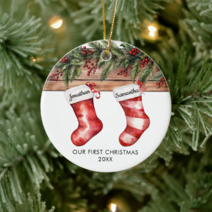 Décoration En Céramique Notre premier Noël chaussette mignonne couple