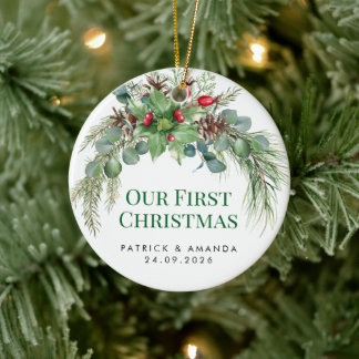 Décoration En Céramique Notre premier Noël en aquarelle de verdure