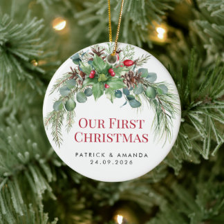 Décoration En Céramique Notre premier Noël en aquarelle de verdure