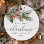 Décoration En Céramique Notre premier Noël en couple<br><div class="desc">Décor de vacances personnalisable. Modifiez le libellé pour célébrer votre premier Noël ensemble. Des verts de vacances avec des baies rouges aquarelle illustration.</div>