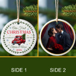 Décoration En Céramique Notre premier Noël en tant que mari et femme<br><div class="desc">Fêtez votre premier Noël en tant que mari et femme avec ce charmant ornement personnalisé! Notre garde-manger sur mesure est équipé d'un camion de ramassage rouge nostalgique transportant un pin d'arbre festif prêt à rentrer chez soi pour décorer. Les flocons de neige et les étoiles sont éparpillés autour du design....</div>