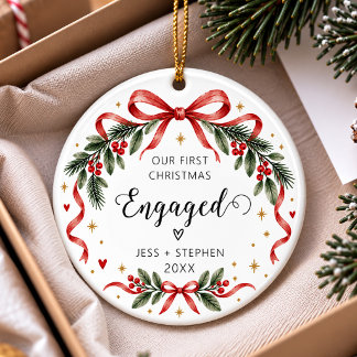 Décoration En Céramique Notre Premier Noël Fiancés Ruban Rouge