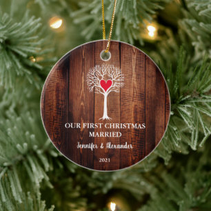Décoration En Céramique Notre premier noël marié bois amour arbre