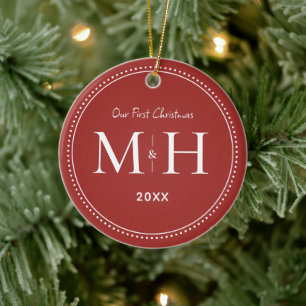 Décoration En Céramique Notre premier Noël Nouveau mariés Monogramme Rouge