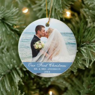 Décoration En Céramique Notre première photo de Mariage bleu de Noël