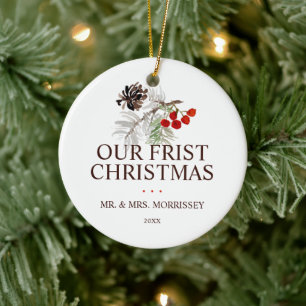 Décoration En Céramique Notre première photo de Noël aux cônes de pin et a