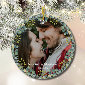 Décoration En Céramique Notre première photo de Noël Couple vert Wreath