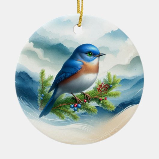 Décoration En Céramique Oiseau bleu et rameaux de Noël  (Devant)