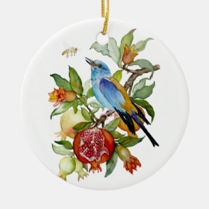 Décoration En Céramique Oiseau bleu parmi les grenades Botanique à l'aquar