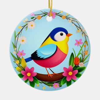 Décoration En Céramique Oiseau Coloré Entouré de Couronne de Fleurs