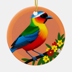 Décoration En Céramique Oiseau Coloré Perché Parmi Des Fleurs Vibrantes
