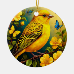 Décoration En Céramique Oiseau Jaune Perché Parmi de Fleurs Éclatantes