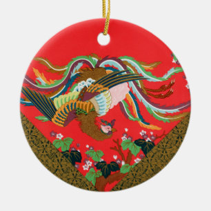 Décoration En Céramique Oiseau Phoenix Rouge Japonais Vintage Art G.A. Aud