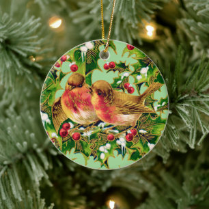 Décoration En Céramique Oiseaux de Noël Vintage Holly Faux Gold