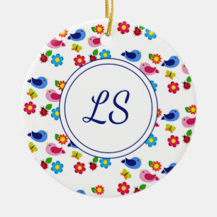 Décoration En Céramique Oiseaux et fleurs printemps motif blanc