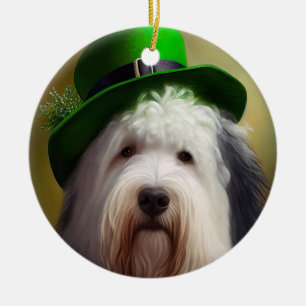 Décoration En Céramique Old English Sheepdog en tenue de la Saint-Patrick